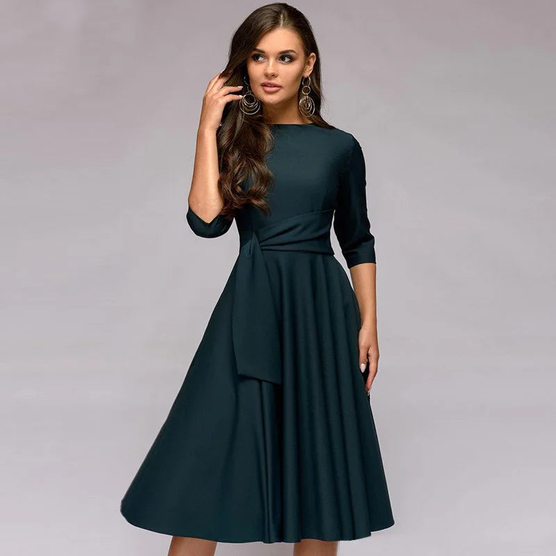 Vestido Midi Acampanado con Cinturón en la Cintura y Mangas Tres Cuartos | Ideal para Primavera y Otoño