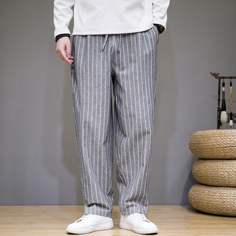 Pantalones de Lino Algodón Rayados para Hombre con Cordón – Ideales para Primavera y Otoño