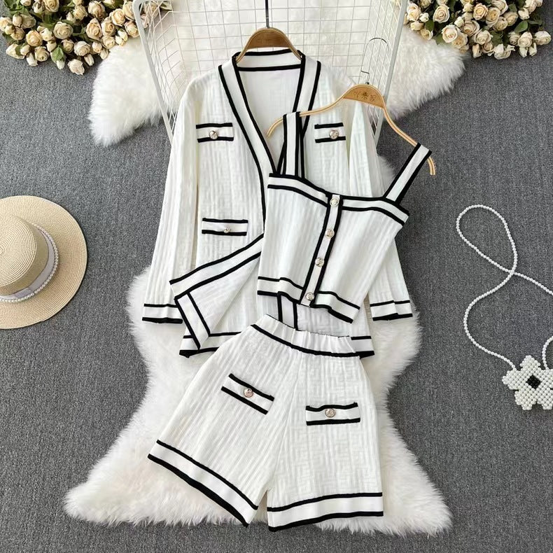 Conjunto de Cardigán de Punto con Cuello en V en Contraste – Juego de Tres Piezas | Ideal para Primavera