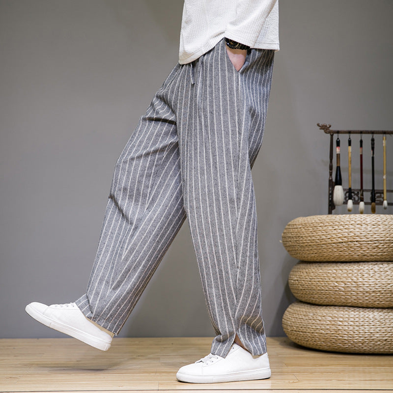 Pantalones de Lino Algodón Rayados para Hombre con Cordón – Ideales para Primavera y Otoño