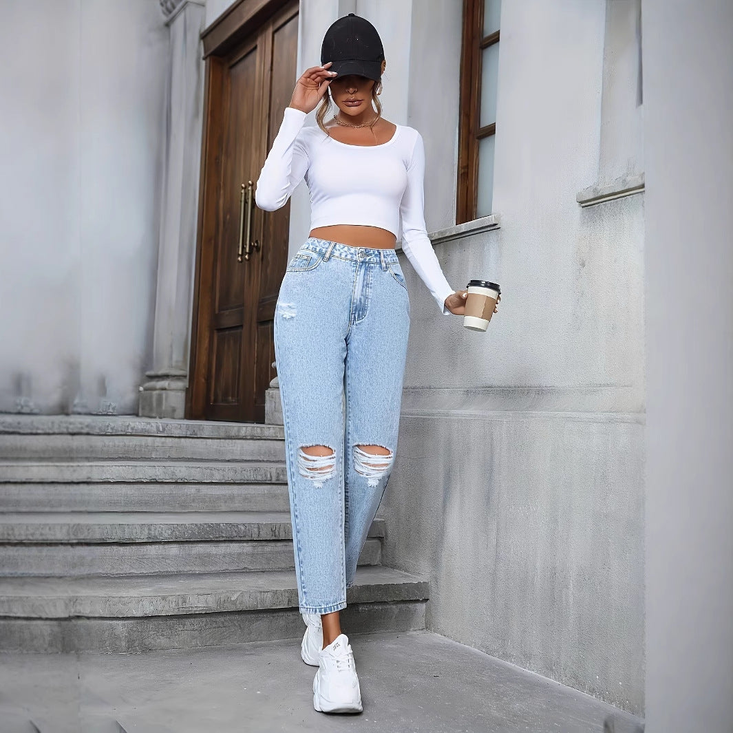 Jeans Denim Rotos Holgados de Tiro Alto Rectos | Ideales para Todas las Temporadas