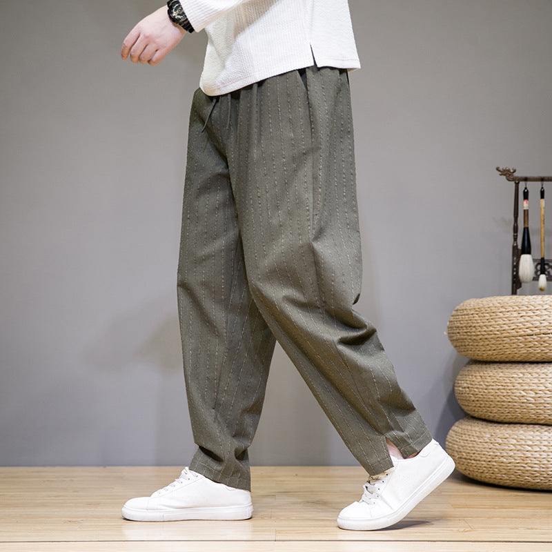 Pantalones de Lino Algodón Rayados para Hombre con Cordón – Ideales para Primavera y Otoño