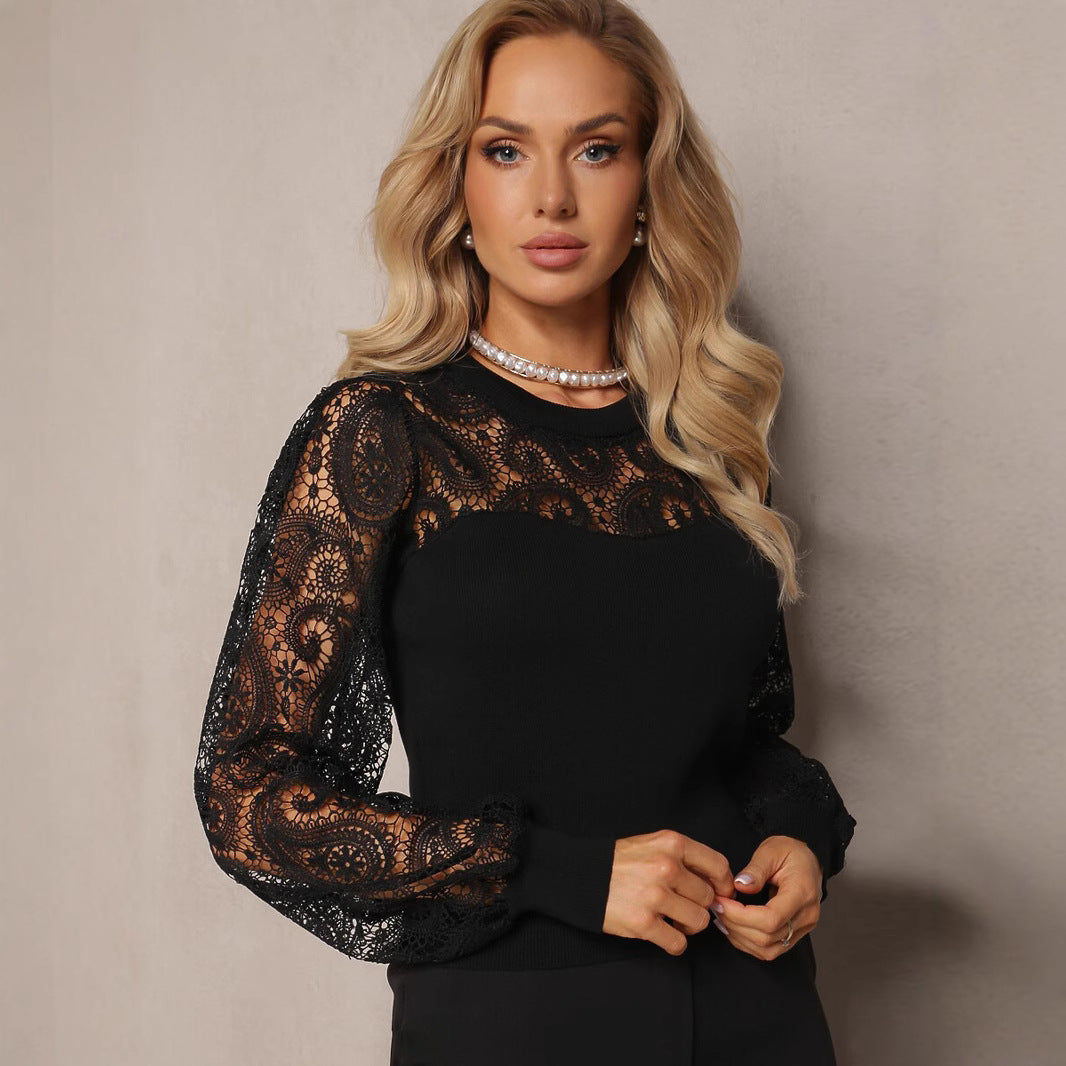 Spring Lace Hollow Pullover con Mangas Largas | Ideal para Primavera