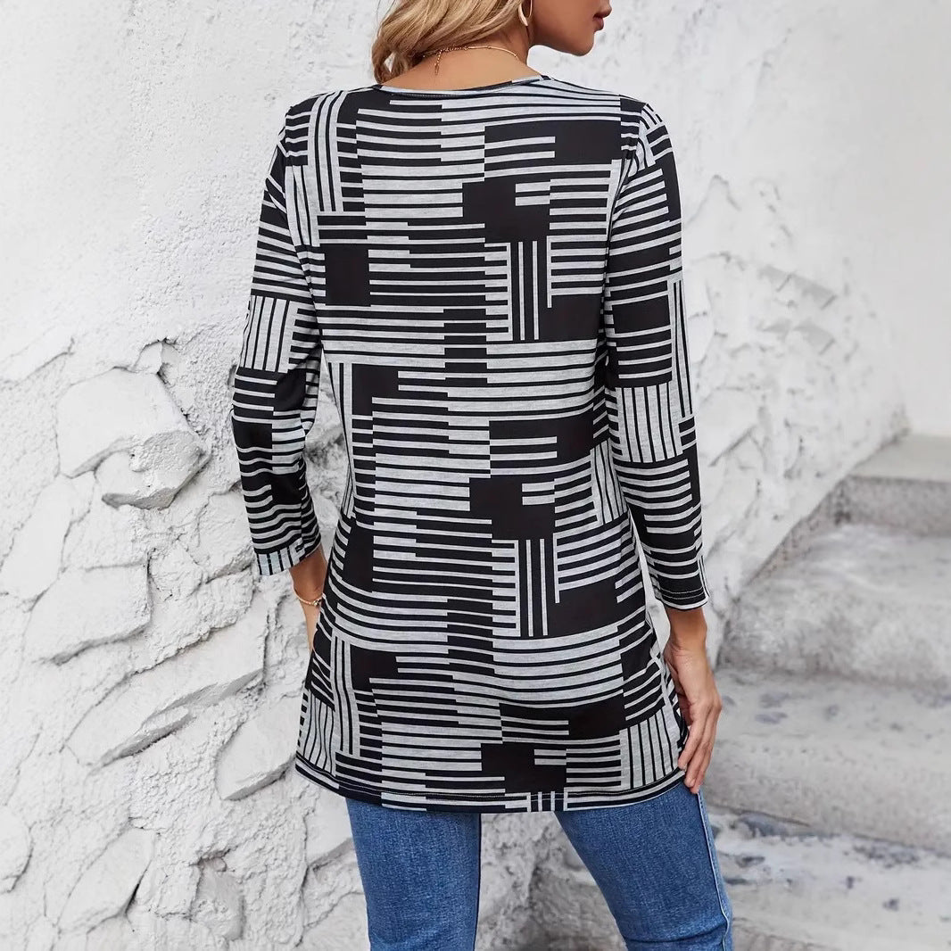 Blusa de Cuello Redondo de Manga Larga con Rayas y Cuadros para Mujer | Ideal para Primavera y Otoño