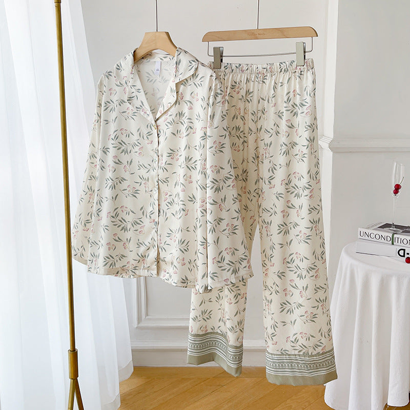 Conjunto de Pijama de Seda Helada Estampado para Mujeres con Cárdigan de Solapa de Manga Larga | Ideal para el Verano