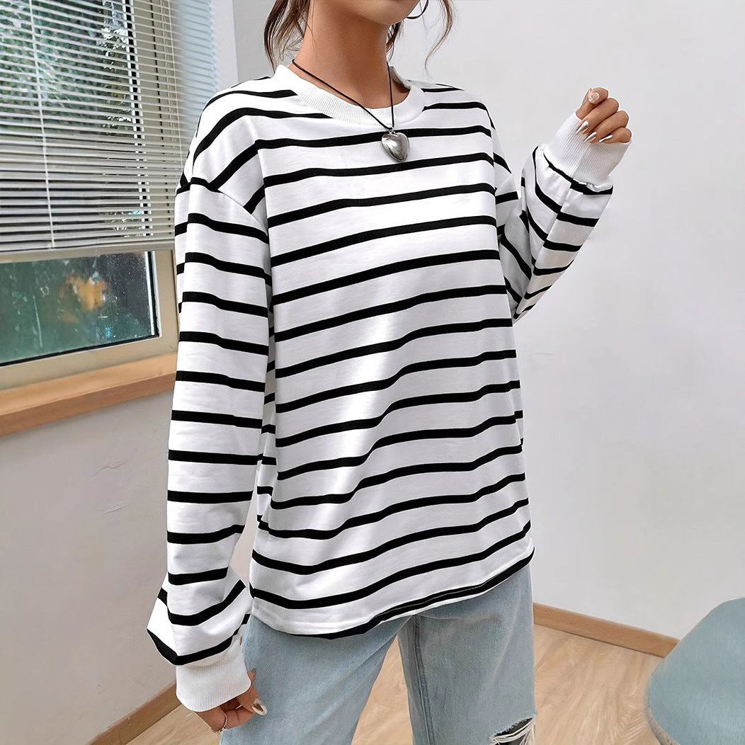 Camiseta de Manga Larga Ajuste Holgado con Cuello Redondo y Rayas | Ideal para Primavera y Otoño