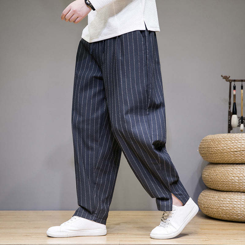Pantalones de Lino Algodón Rayados para Hombre con Cordón – Ideales para Primavera y Otoño