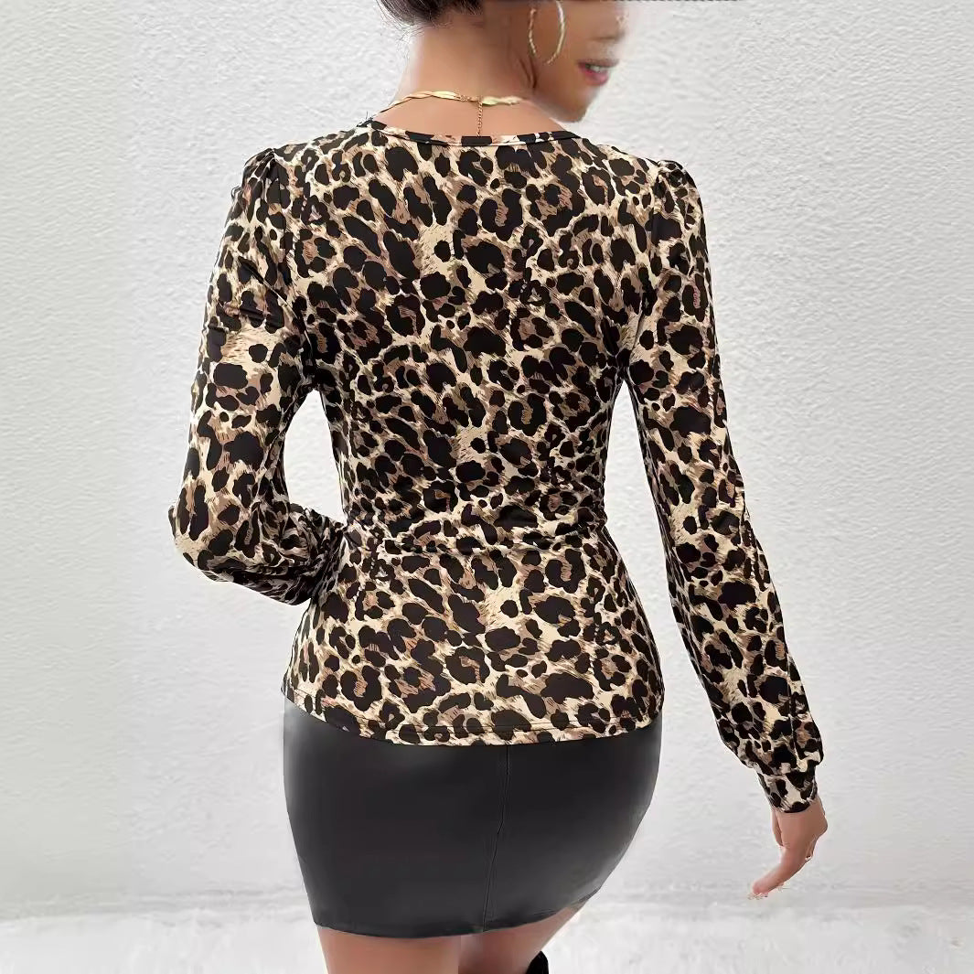 Blusa de Punto con Estampado de Leopardo y Encaje de Manga Larga | Ideal para Otoño e Invierno