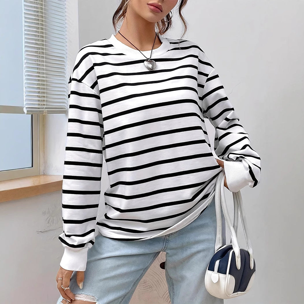 Camiseta de Manga Larga Ajuste Holgado con Cuello Redondo y Rayas | Ideal para Primavera y Otoño