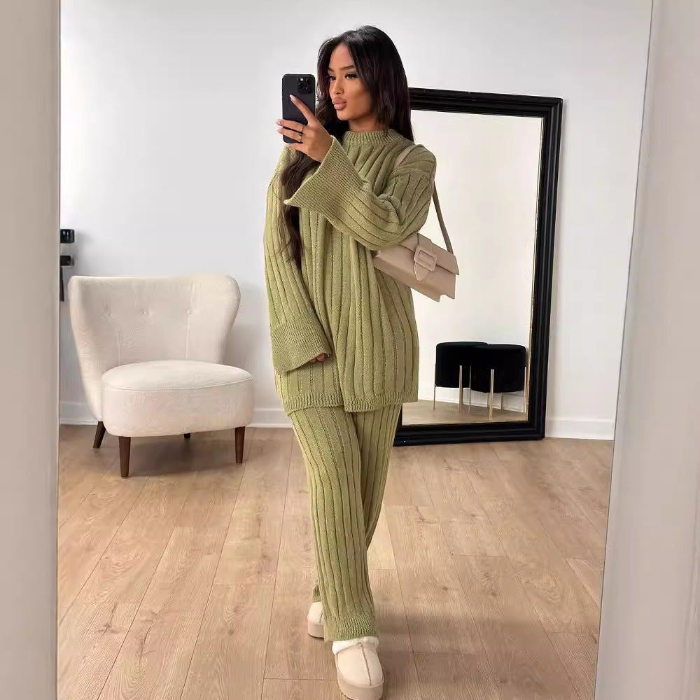 Conjunto de Suéter Holgado de Cuello Redondo y Pantalones en Color Sólido | Ideal para Primavera y Otoño