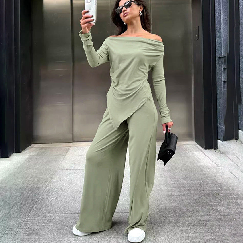 Conjunto de Top Ajustado con Cuello Caído y Cintura Alta y Pantalones | Ideal para Todas las Estaciones