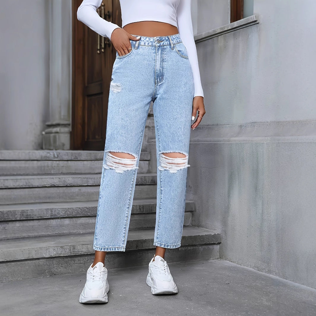 Jeans Denim Rotos Holgados de Tiro Alto Rectos | Ideales para Todas las Temporadas