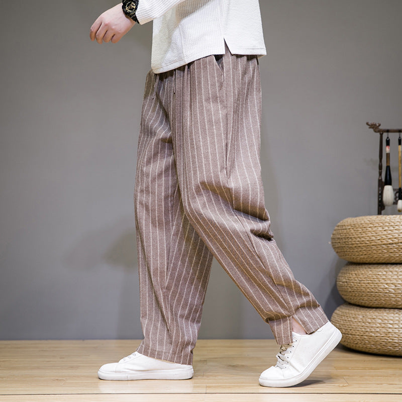 Pantalones de Lino Algodón Rayados para Hombre con Cordón – Ideales para Primavera y Otoño