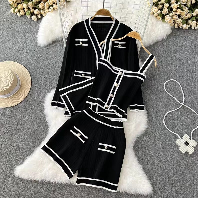 Conjunto de Cardigán de Punto con Cuello en V en Contraste – Juego de Tres Piezas | Ideal para Primavera