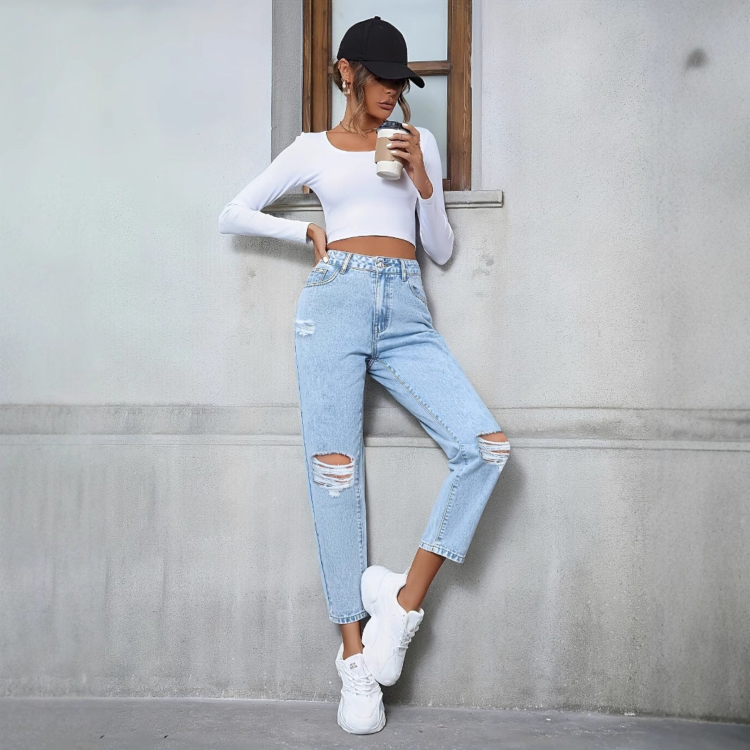 Jeans Denim Rotos Holgados de Tiro Alto Rectos | Ideales para Todas las Temporadas