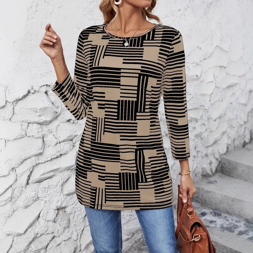 Blusa de Cuello Redondo de Manga Larga con Rayas y Cuadros para Mujer | Ideal para Primavera y Otoño