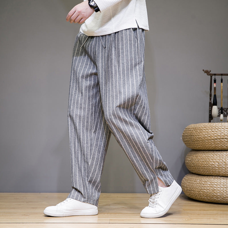 Pantalones de Lino Algodón Rayados para Hombre con Cordón – Ideales para Primavera y Otoño