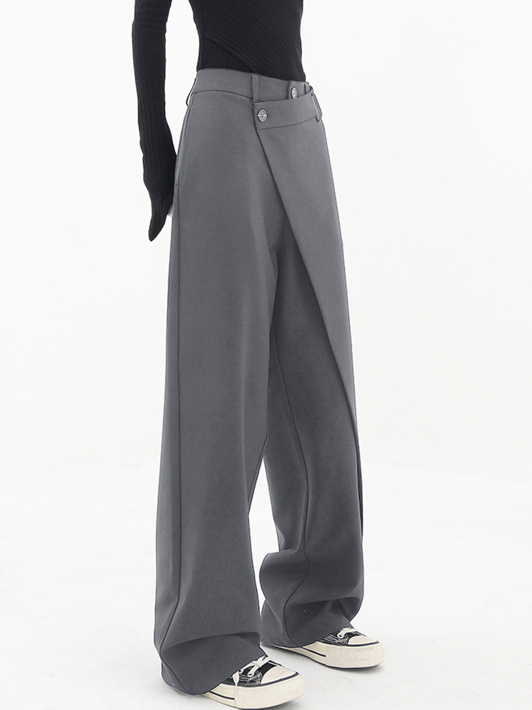 Pantalones anchos de cintura alta con botón asimétrico I Ideales para primavera y otoño