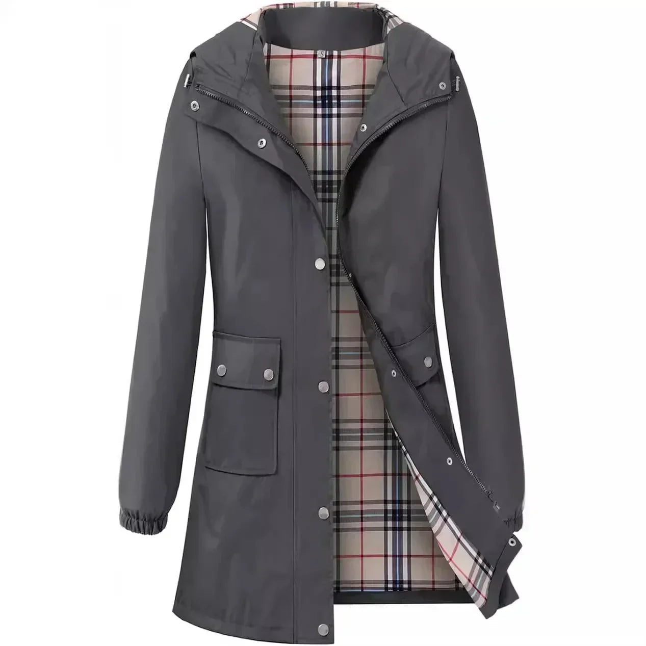 Abrigo Impermeable con Capucha y Forro a Cuadros | Ideal para Primavera y Otoño