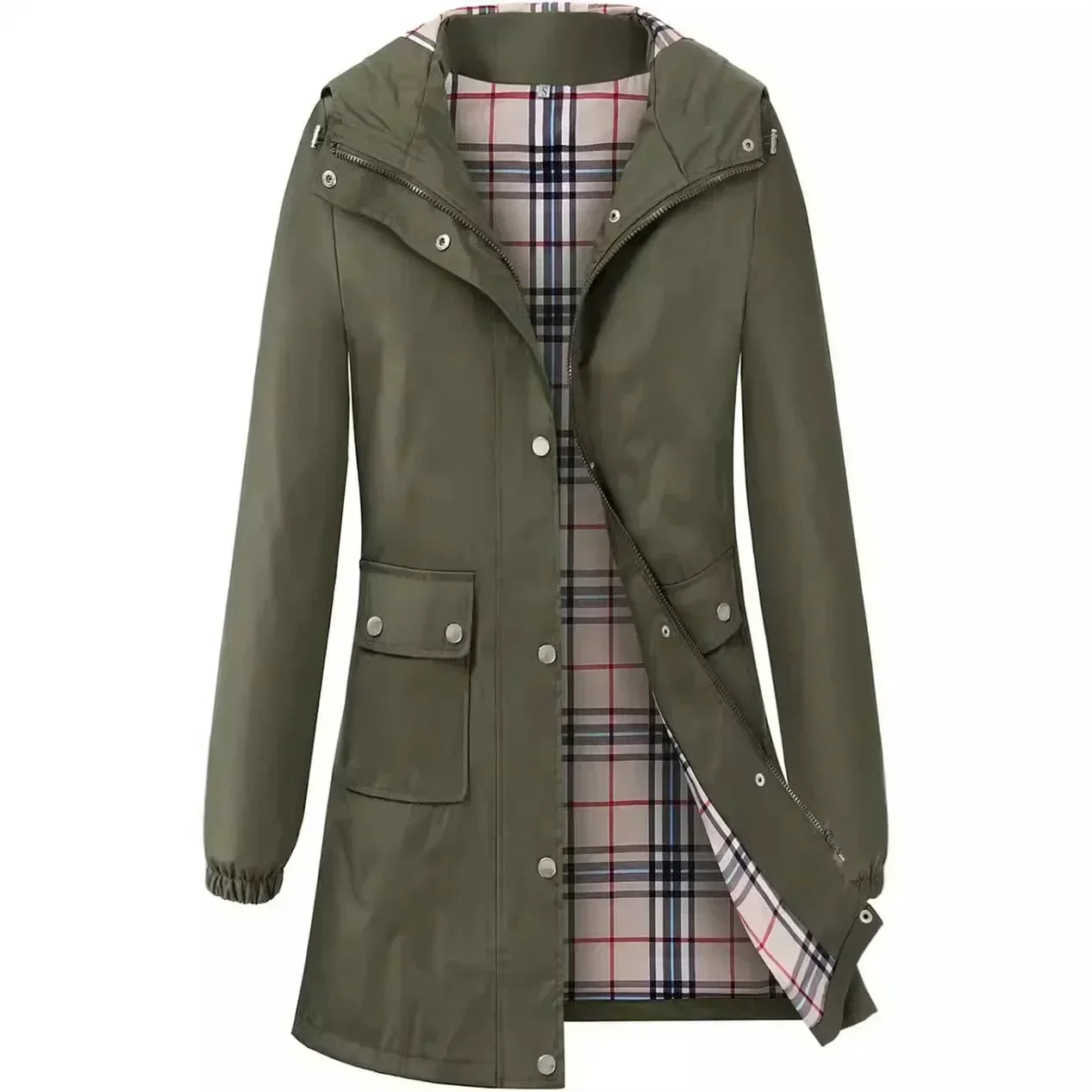 Abrigo Impermeable con Capucha y Forro a Cuadros | Ideal para Primavera y Otoño