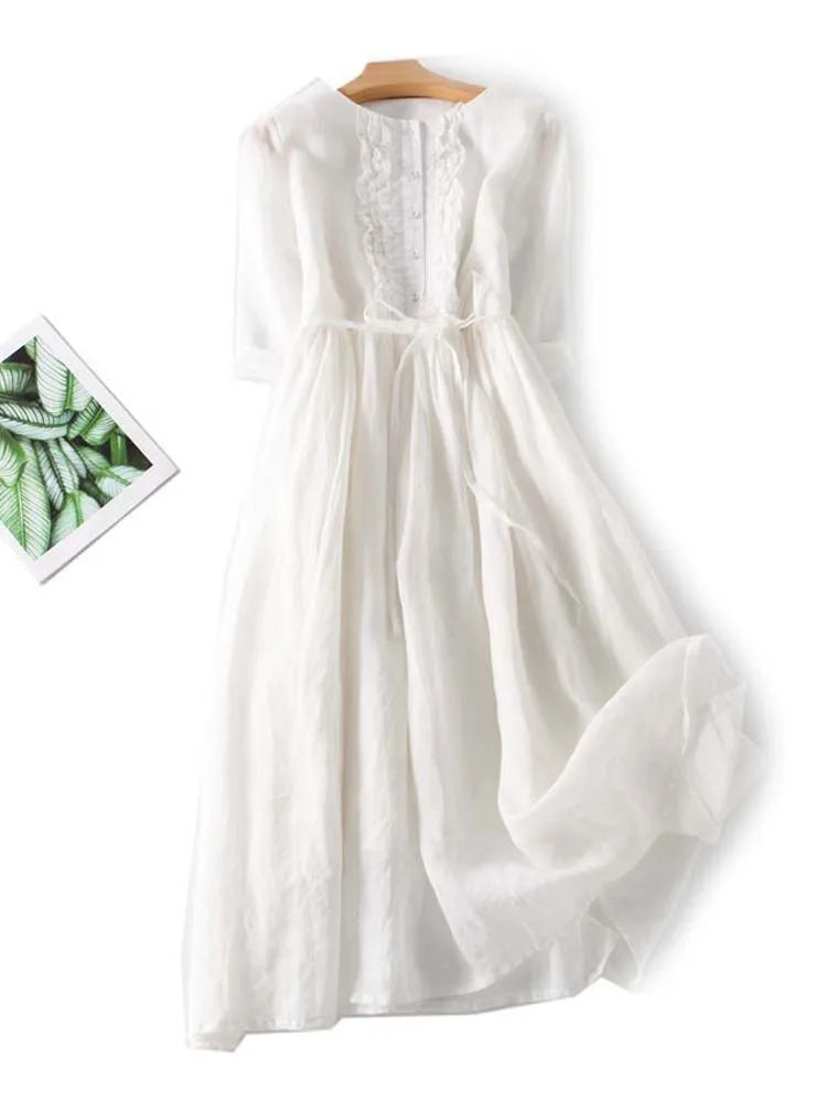 Vestido midi de lino con detalles boho y tejido transpirable | Ideal para verano