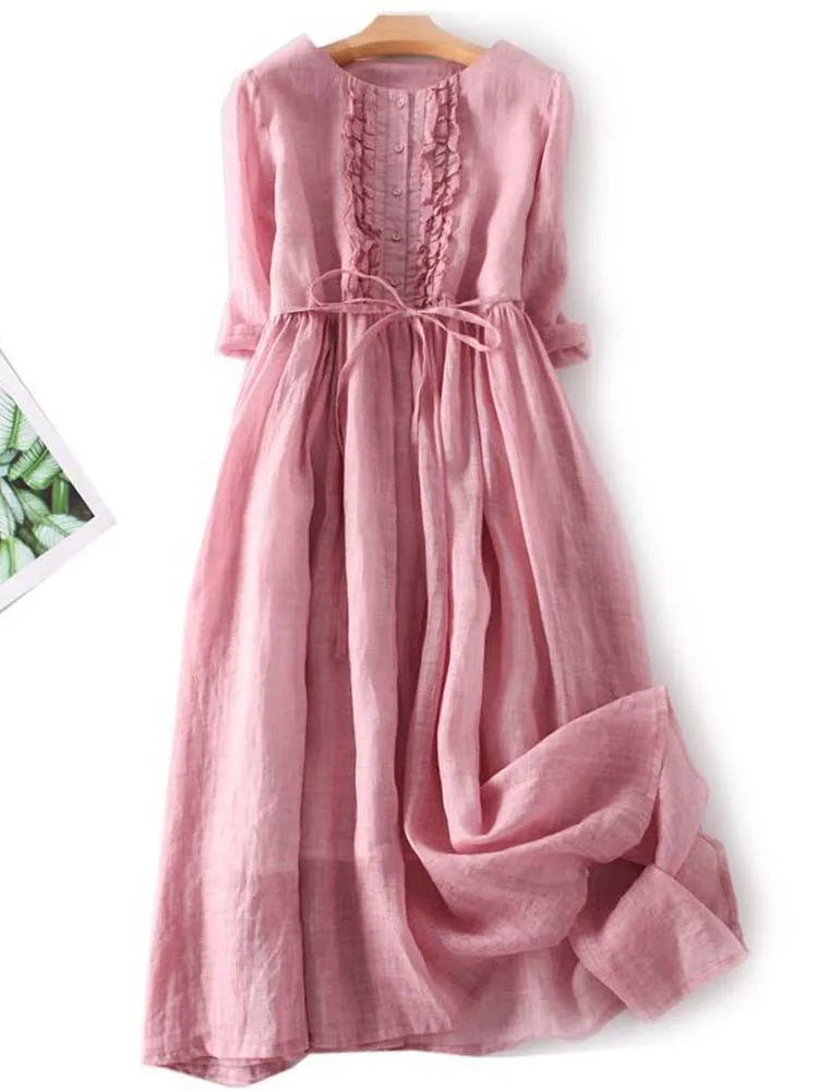 Vestido midi de lino con detalles boho y tejido transpirable | Ideal para verano