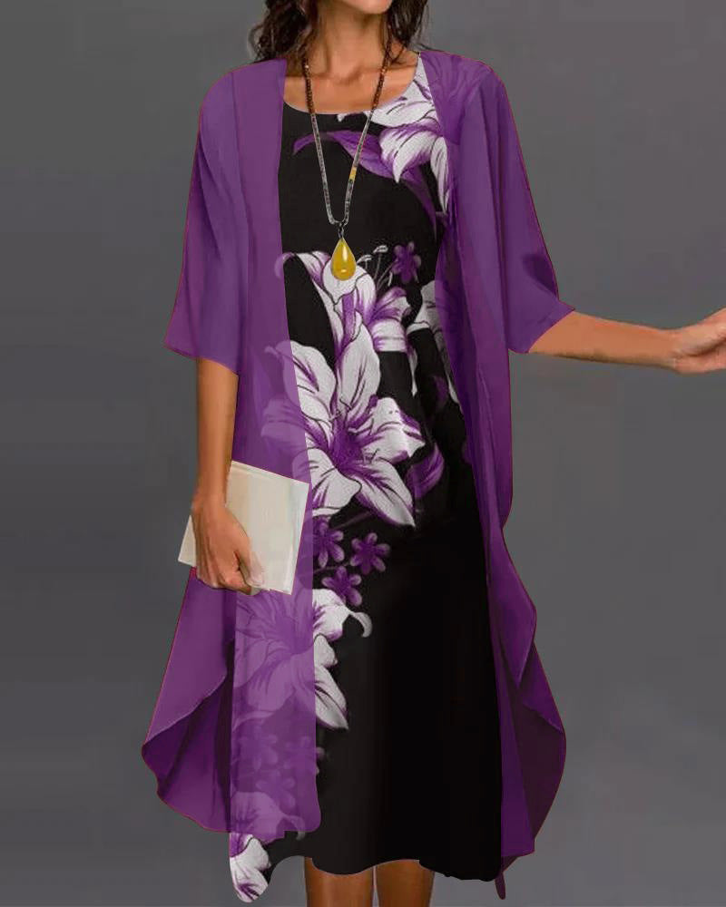 Vestido Floral de Dos Piezas con Manga Media y Dobladillo Asimétrico | Ideal para Primavera y Verano