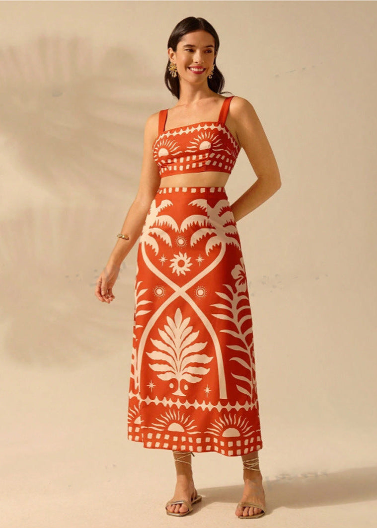 Conjunto de Top de Tirantes y Falda Larga con Estampado de Palmeras | Ideal para el Verano