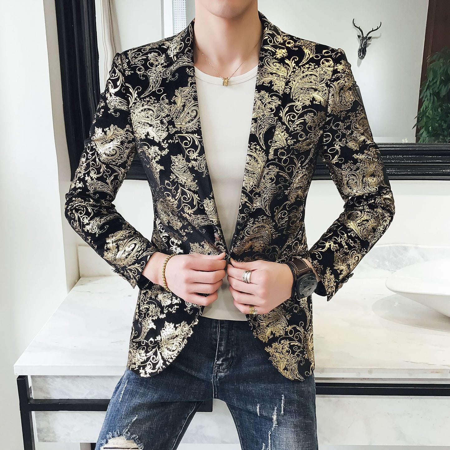 Traje Casual para Hombre con Estampado Floral y Forro de Poliéster | Ideal para Primavera y Otoño
