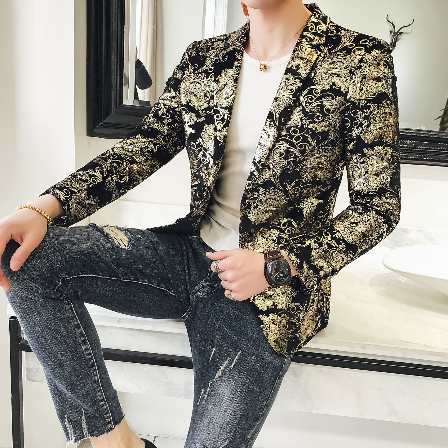 Traje Casual para Hombre con Estampado Floral y Forro de Poliéster | Ideal para Primavera y Otoño