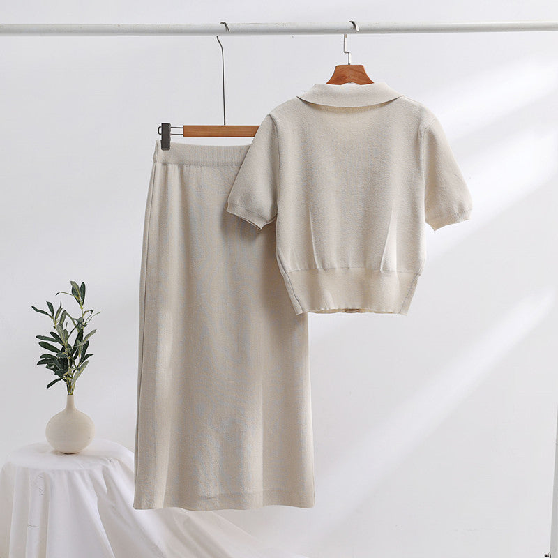 Conjunto de Suéter de Cuello Polo con Mangas Cortas y Falda Midi de Punto – Ideal para Primavera