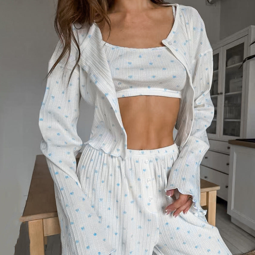 Conjunto de Pijamas de Punto con Estampado de Corazón | Ideal para Primavera y Otoño