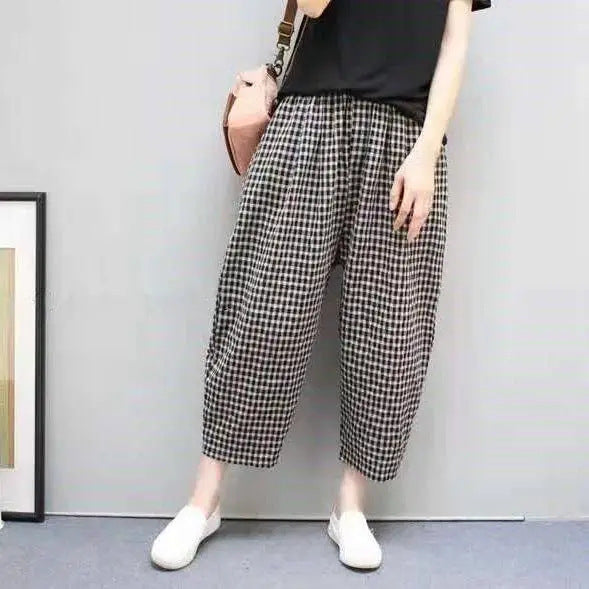 Pantalones Harem de Lino Algodón con Estampado Cuadros - Ideales para Todas las Estaciones