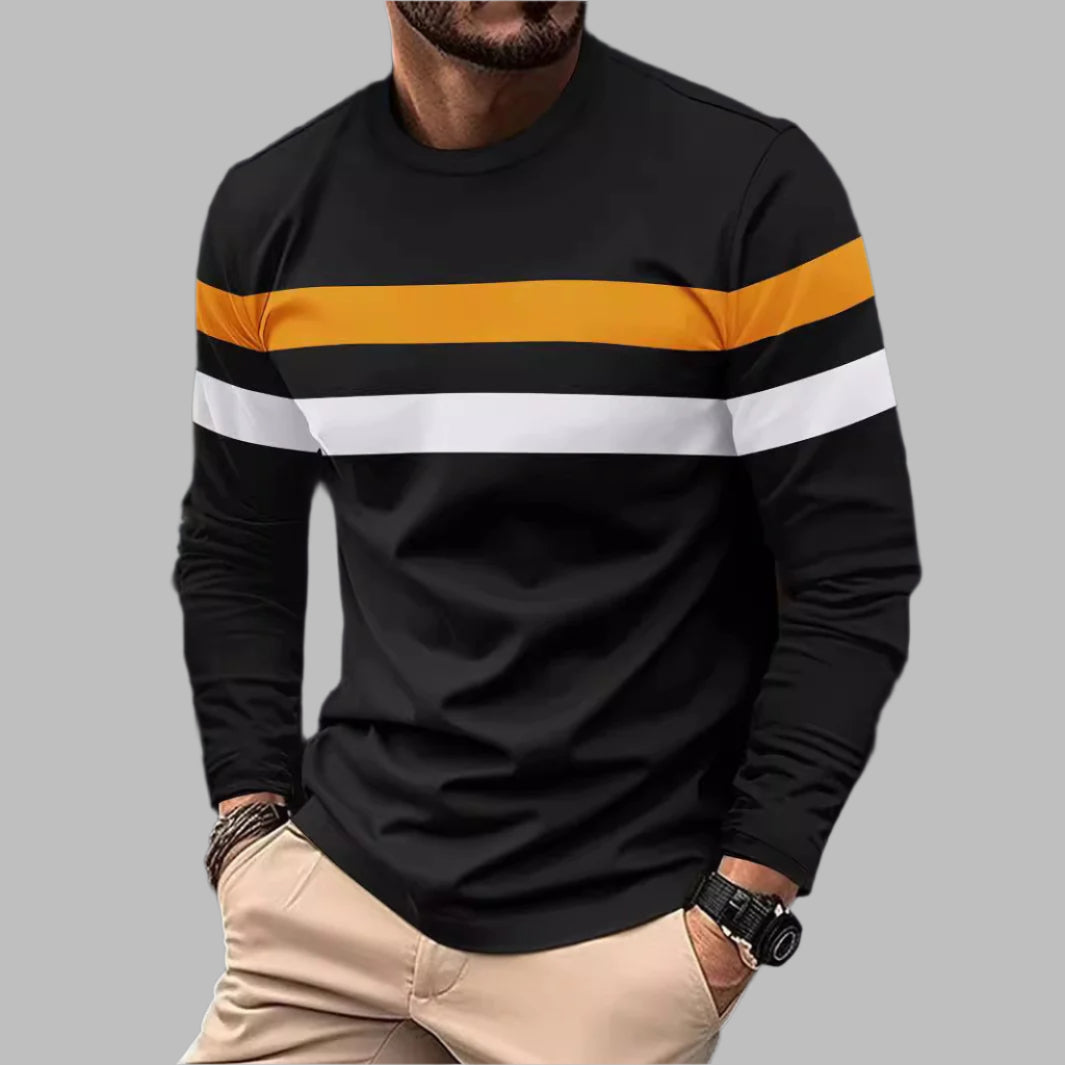 Camiseta de manga larga de cuello redondo para hombres con diseño de bloques de color, ideal para invierno, primavera y otoño