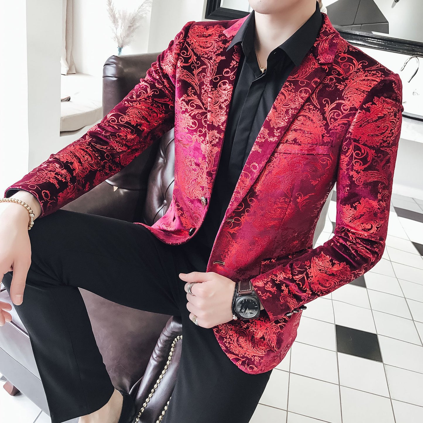 Traje Casual para Hombre con Estampado Floral y Forro de Poliéster | Ideal para Primavera y Otoño