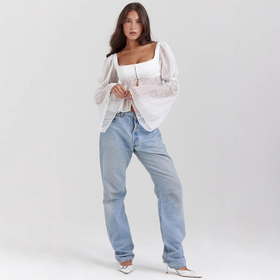 Top de Chifón Transparente de Manga Larga y Cuello Cuadrado para Mujer | Ideal para Primavera y Verano