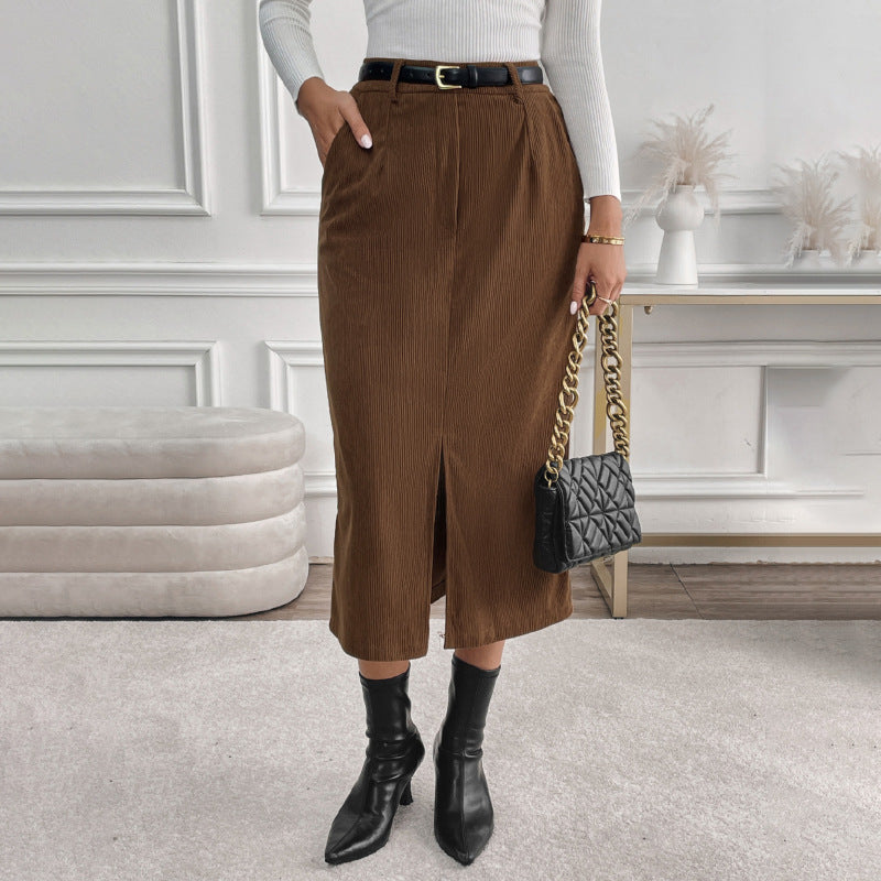 Falda Mid-Length de Tiro Alto en Pana con Abertura | Ideal para Otoño e Invierno