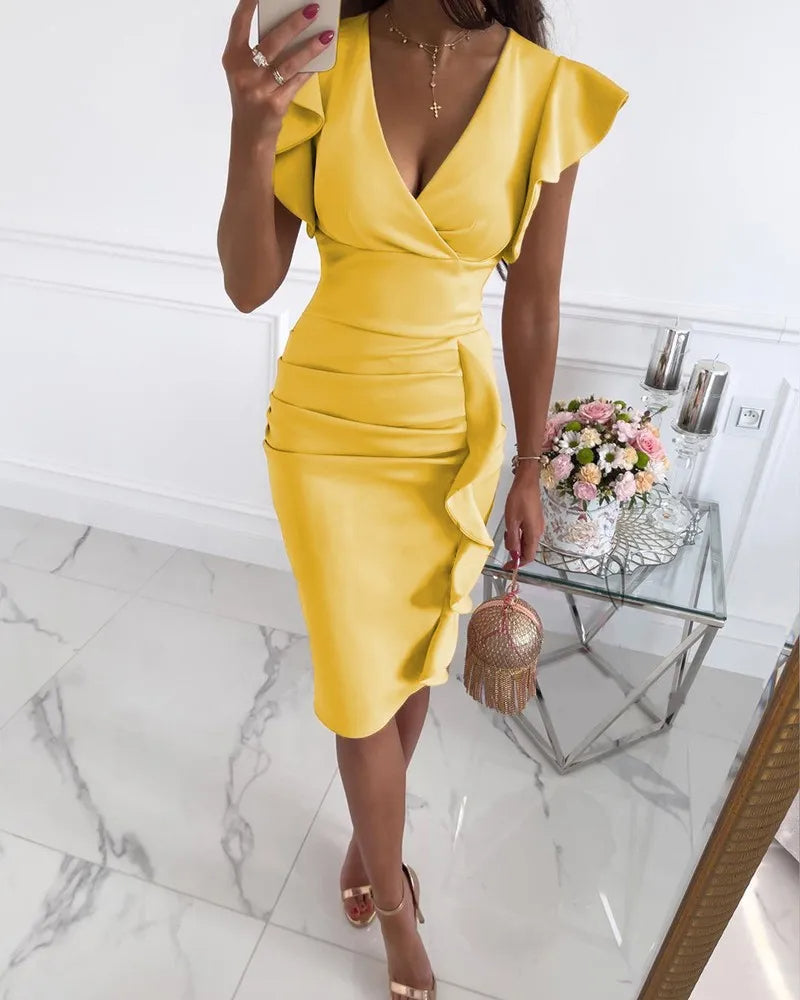 Vestido Ajustado Bodycon con Dobladillo de Volantes y Mangas Mariposa | Ideal para Primavera y Verano