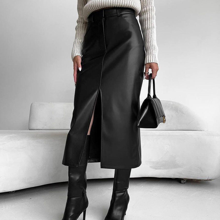 Falda Recta de Piel de PU Forrada en Felpa | Ideal para Otoño e Invierno