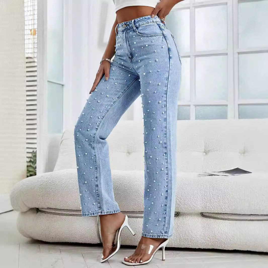 Jeans Denim Cortos con Cuentas en Azul Claro | Ideal para Primavera y Verano