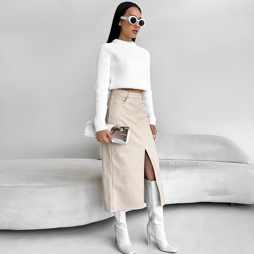 Falda Recta de Piel de PU Forrada en Felpa | Ideal para Otoño e Invierno