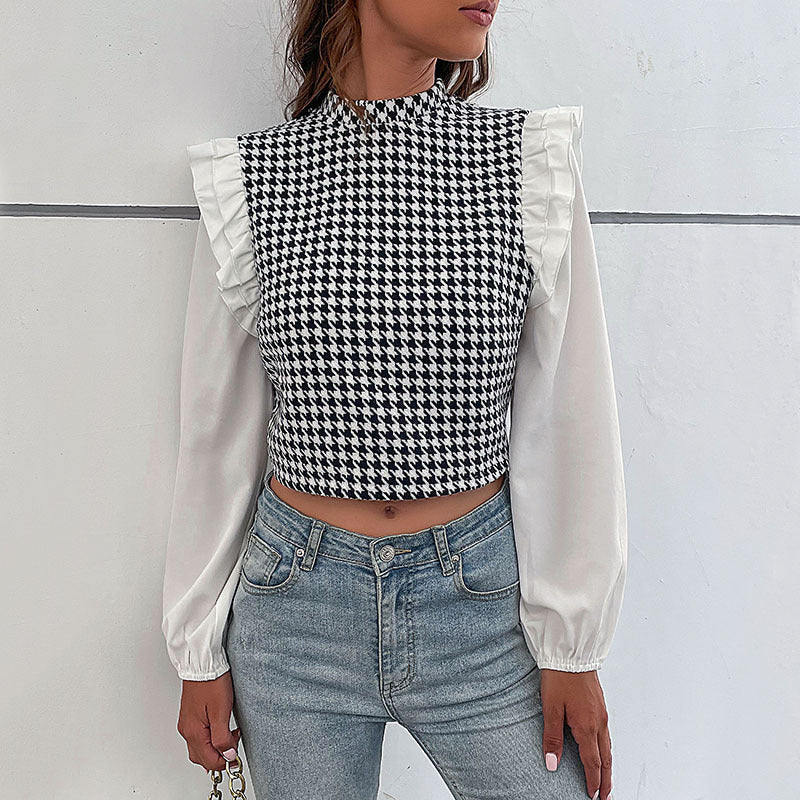 Blusa de Cuello Medio Houndstooth Manga Larga y Corte Corto | Ideal para Otoño e Invierno