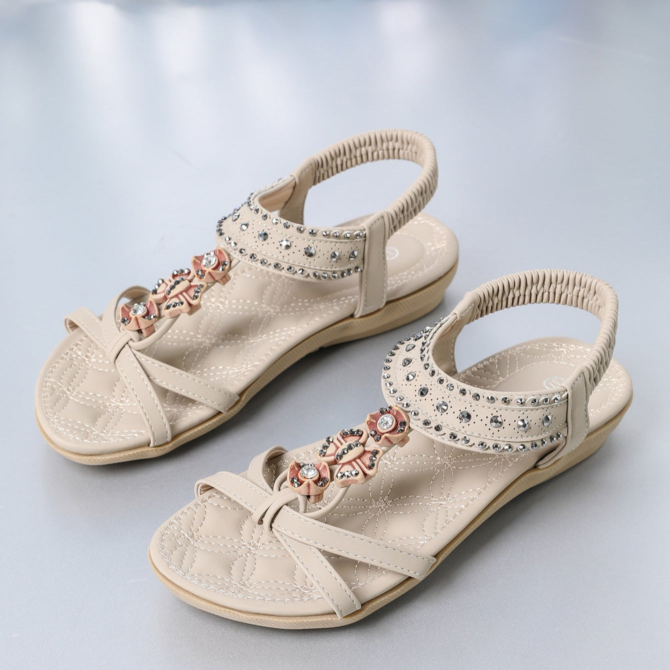 Sandalias Planas para Mujer con Detalles de Cristales y Banda Elástica | Ideal para Verano