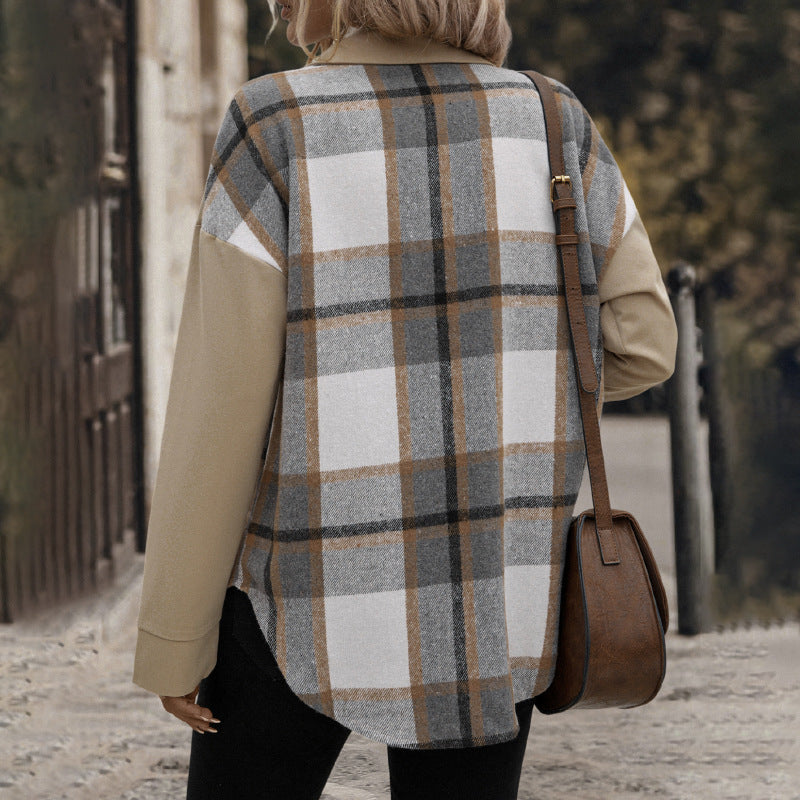 Abrigo de Cuadros con Colorblock, Solapa y Bolsillos para Mujer | Ideal para Otoño