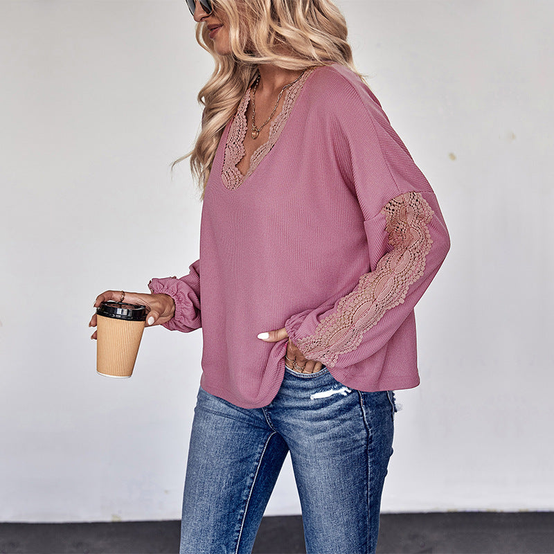 Blusa de Manga Larga con Escote en V y Encaje | Ideal para Otoño e Invierno