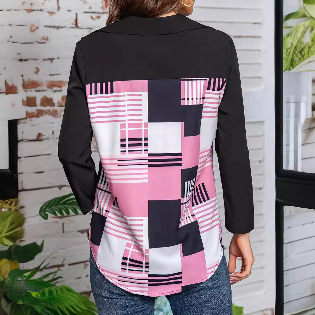 Camisa de Poliéster con Estampado Geométrico y Mangas Tres Cuartos | Ideal para Primavera y Otoño