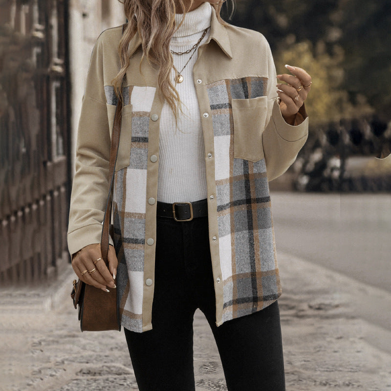 Abrigo de Cuadros con Colorblock, Solapa y Bolsillos para Mujer | Ideal para Otoño