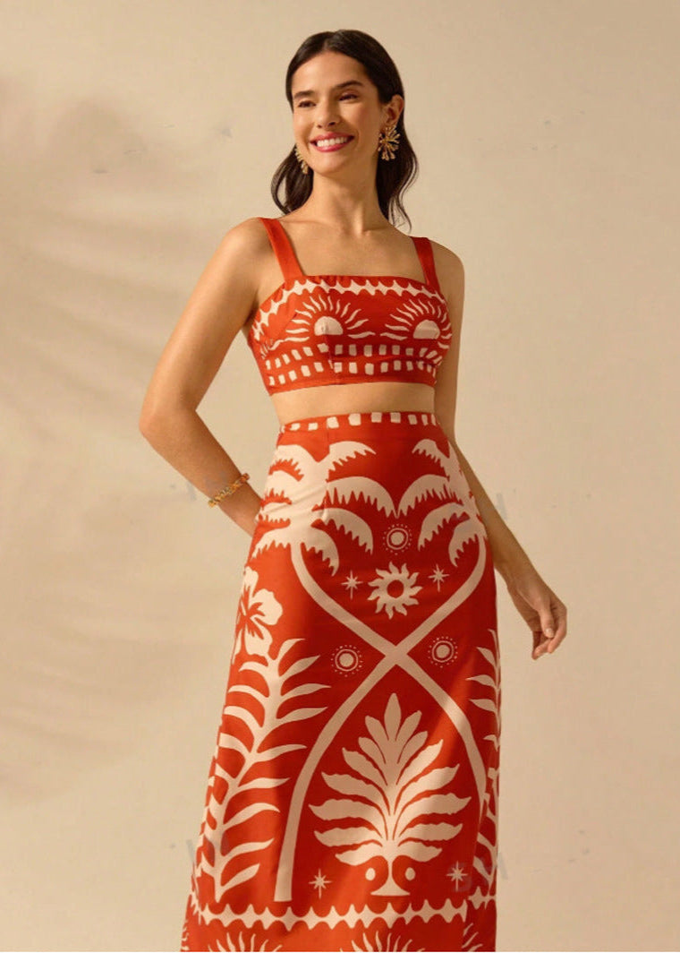 Conjunto de Top de Tirantes y Falda Larga con Estampado de Palmeras | Ideal para el Verano