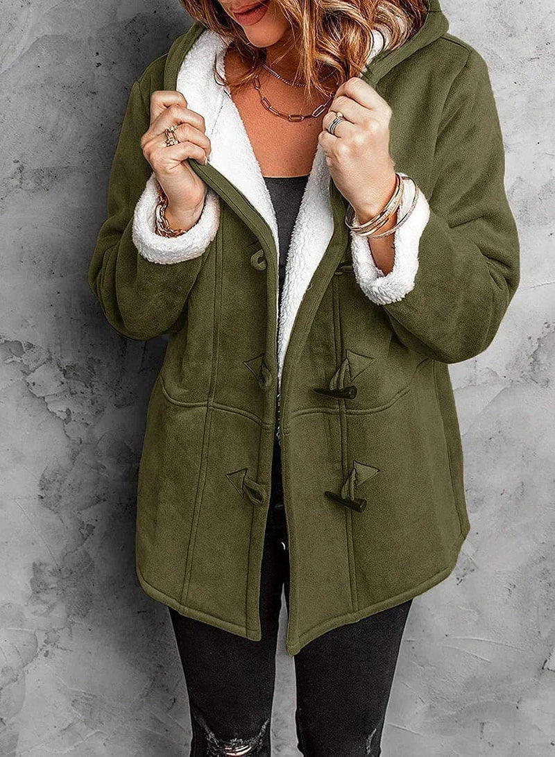 Abrigo de mujer con mezcla de lana con capucha y botones de asta I Ideal para el invierno