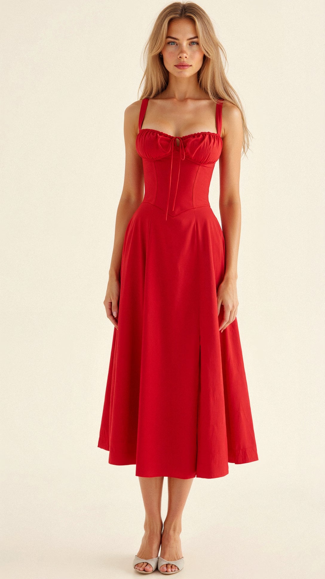 Vestido Midí con Detalle de Corsé y Falda Fluida | Ideal para Primavera y Verano